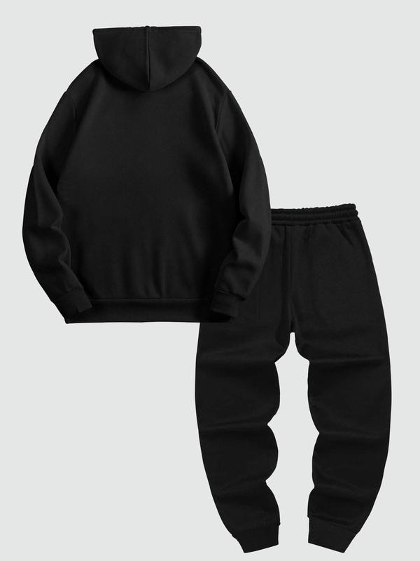 Two-piece Set Men's Letter Print Thermal Lined Hoodie & Pocket Drawstring Waist Sweatpants Set, Regular Fit Casual Long Sleeve Hooded Sweatshirt & Elastic Waist Pants, Men's Fall & Winter Clothes