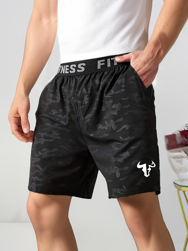 Men's Camo & Bull Print Letter Tape Shorts, Regular Fit Casual Pocket Shorts, Men's Summer Bottoms for Daily Wear