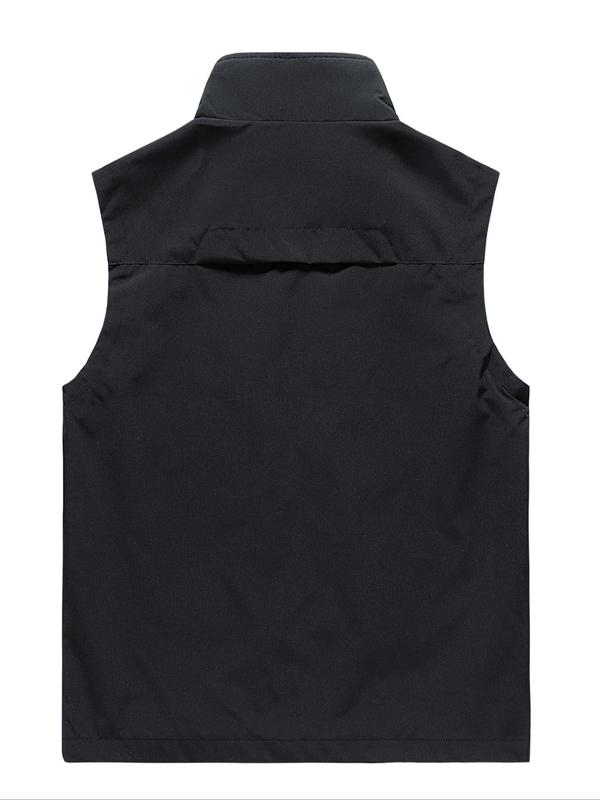 Men's Solid Pocket Zipper Funnel Neck Vest Jacket, Regular Fit Casual Sleeveless Outerwear for Spring & Fall, Men's Clothes for Daily Wear