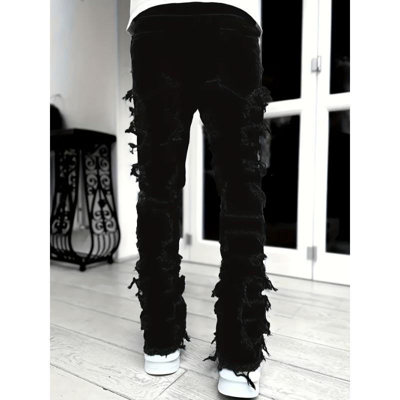 Y2k Hip Hop Style Raw Trim Jeans, Men's Casual Street Style Stretch Denim Pants