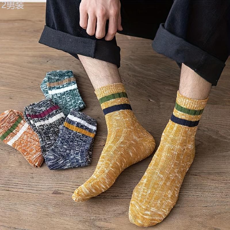 10 Pairs Of Men's Trendy Ethnic Vintage Stripe Crew Socks, Breathable Comfy Casual Unisex Socks For Men's Outdoor Wearing All Seasons Wearing Fabric Menswear Spandex Striped