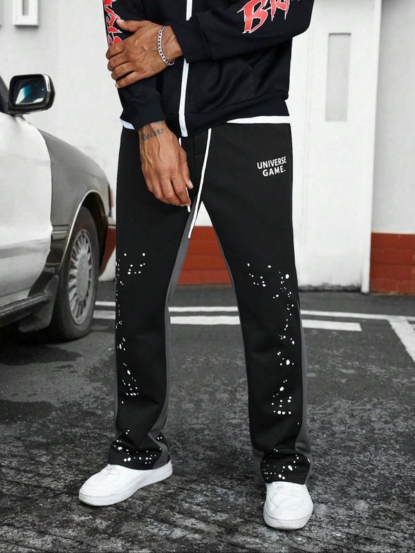 Men's Patchwork Letter Print Drawstring Waist Pants, Casual Street Regular Fit Pocket Trousers for Daily Wear, Mens Bottoms for All Seasons