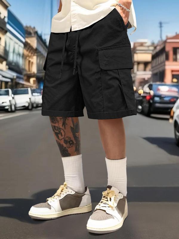 Men's Loose Solid Drawstring Waist Cargo Shorts, Casual Pocket Elastic Waist Shorts for Spring & Fall, Shorts for Men, Street Fashion Men's Bottoms for Daily Wear