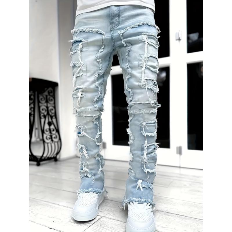 Y2k Hip Hop Style Raw Trim Jeans, Men's Casual Street Style Stretch Denim Pants