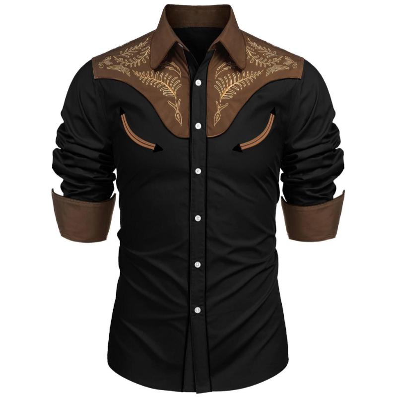 warm Men's Western Cowboy Shirt Embroidered Button Down Long Sleeve Shirts