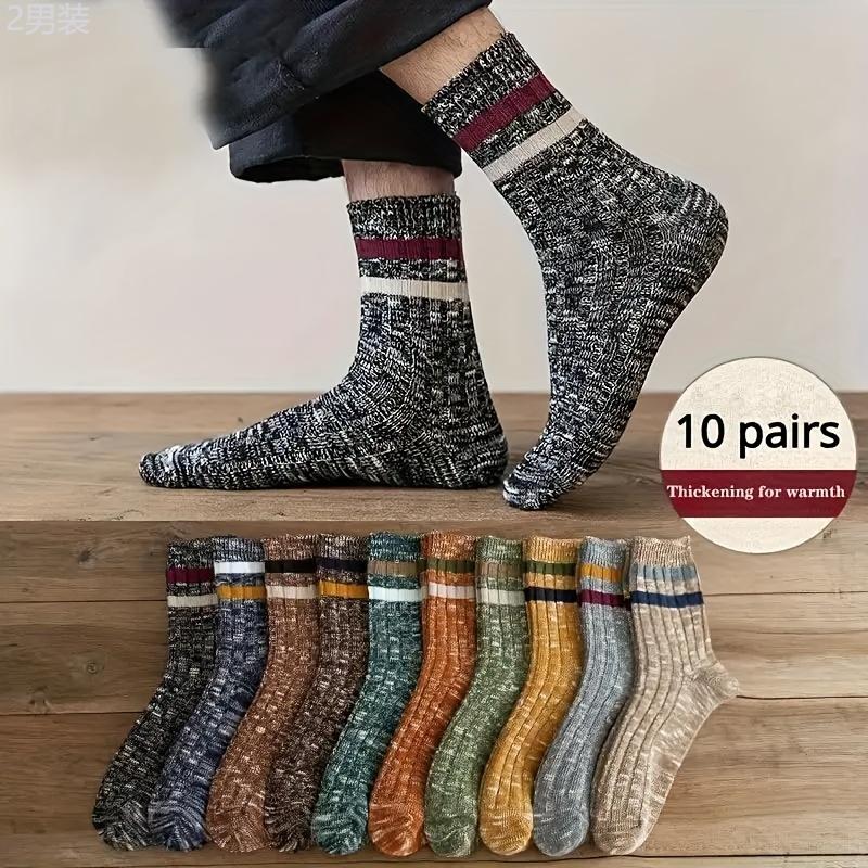 10 Pairs Of Men's Trendy Ethnic Vintage Stripe Crew Socks, Breathable Comfy Casual Unisex Socks For Men's Outdoor Wearing All Seasons Wearing Fabric Menswear Spandex Striped