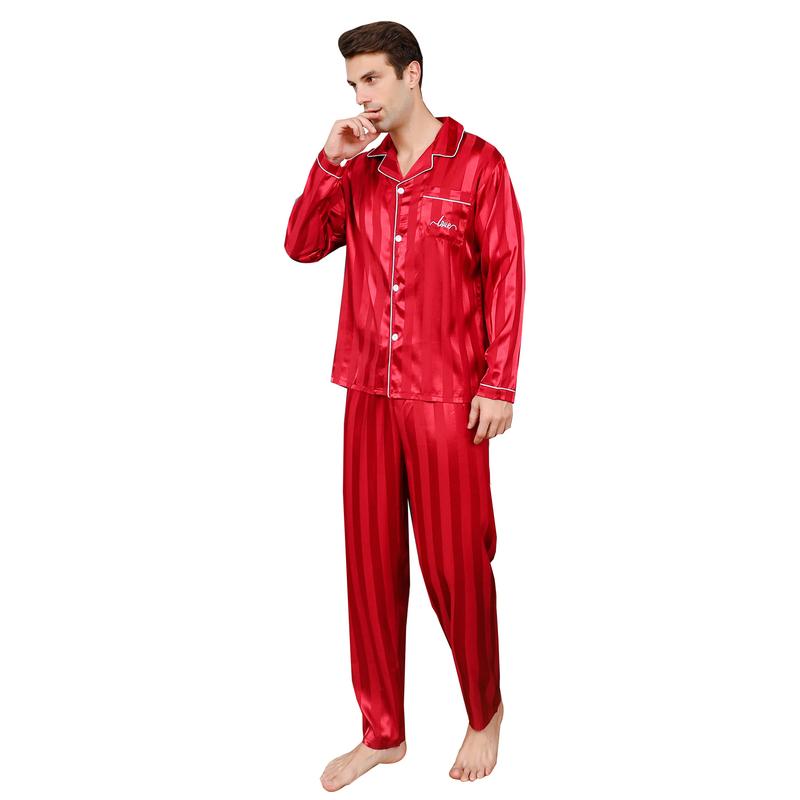 ShuiGod-Mens Silky Satin Pajamas Set Nightwear Stripe Long Sleepwear-Red Stripe