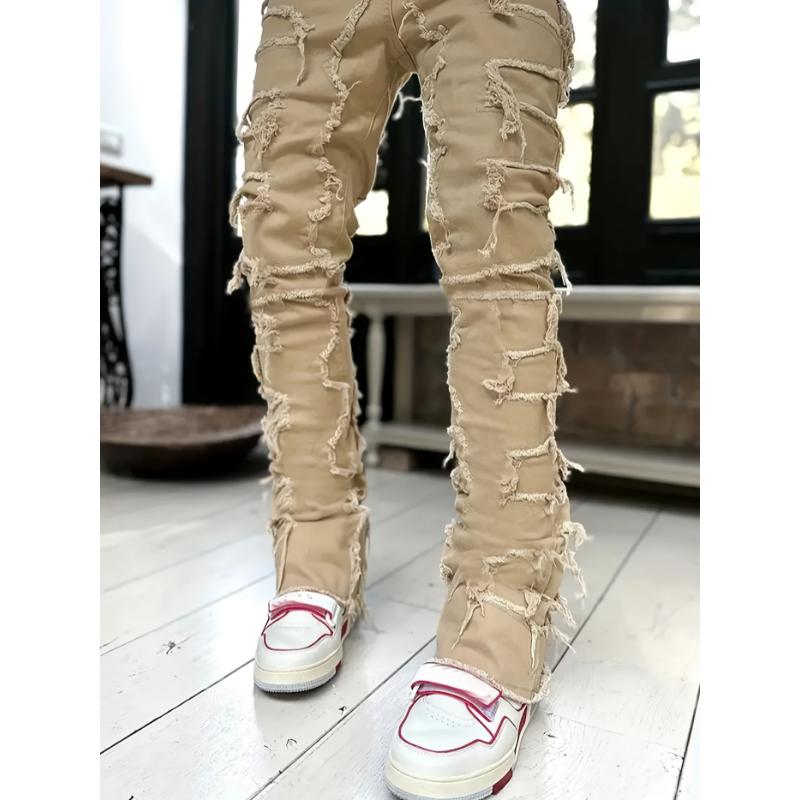 Y2k Hip Hop Style Raw Trim Jeans, Men's Casual Street Style Stretch Denim Pants