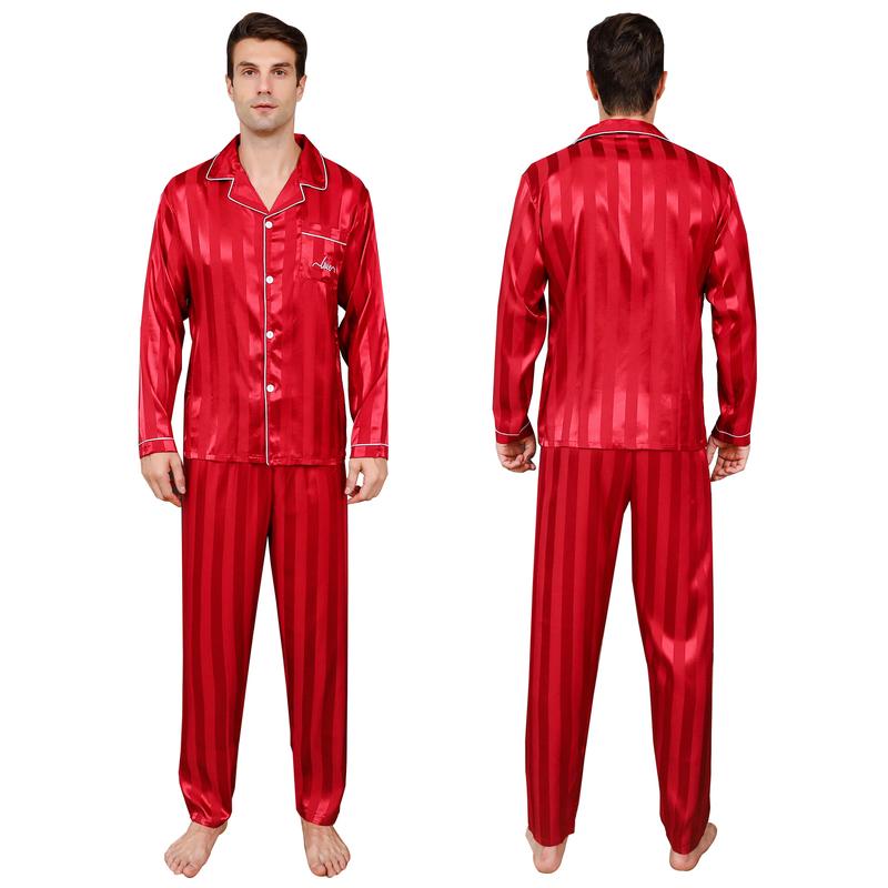 ShuiGod-Mens Silky Satin Pajamas Set Nightwear Stripe Long Sleepwear-Red Stripe