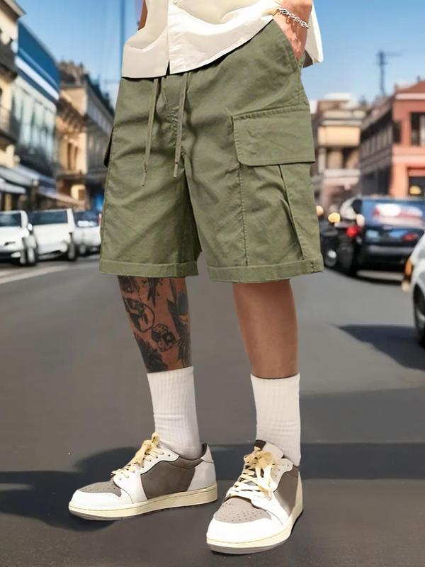 Men's Loose Solid Drawstring Waist Cargo Shorts, Casual Pocket Elastic Waist Shorts for Spring & Fall, Shorts for Men, Street Fashion Men's Bottoms for Daily Wear