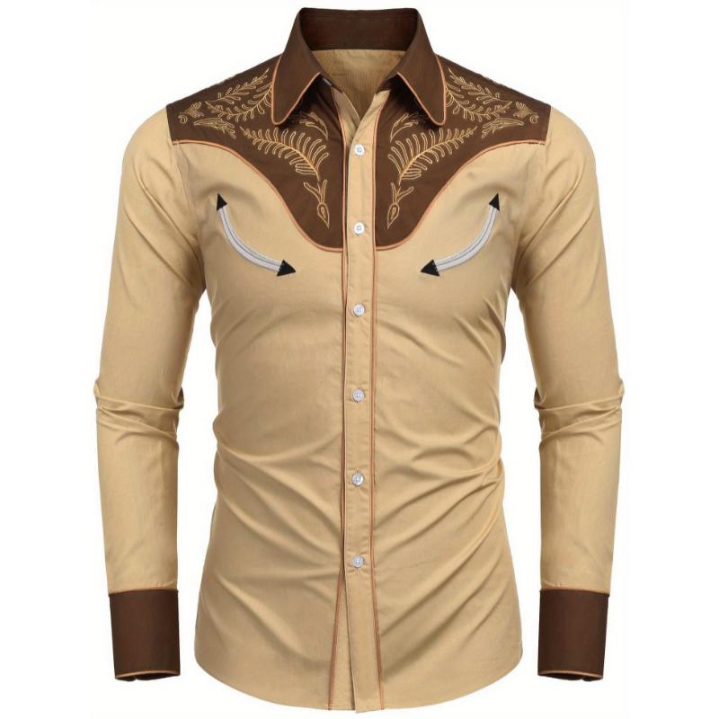 warm Men's Western Cowboy Shirt Embroidered Button Down Long Sleeve Shirts