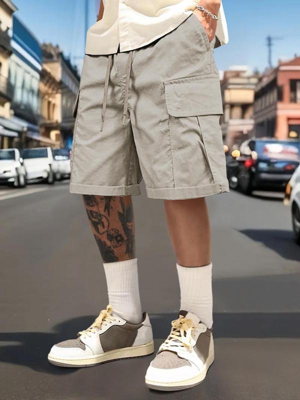 Men's Loose Solid Drawstring Waist Cargo Shorts, Casual Pocket Elastic Waist Shorts for Spring & Fall, Shorts for Men, Street Fashion Men's Bottoms for Daily Wear