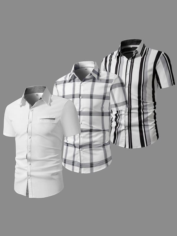 Men's Plaid & Striped Print Button Front Shirt, Regular Fit Casual Short Sleeve Collared Top for Summer, Men's Clothes for Daily Wear