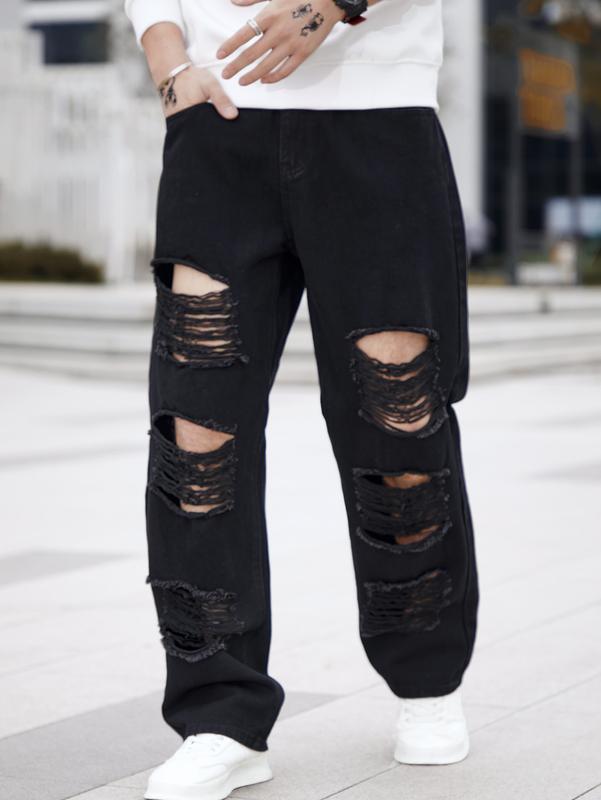 Cut Out Ripped Frayed Zipper Fly Long Straight Leg Denim Jeans