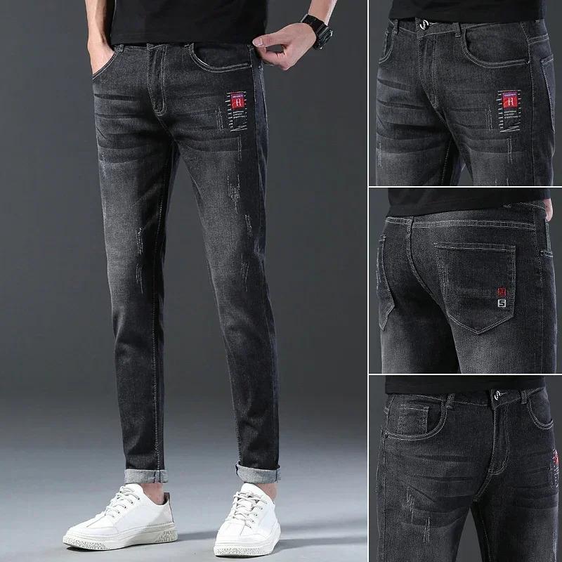 New Men's Denim Pants Slim Straight Gentleman Size 27-38 Slacks Fashion European American Style Stretch Men Luxury Jeans Grey Menswear Underwear Trouser Human