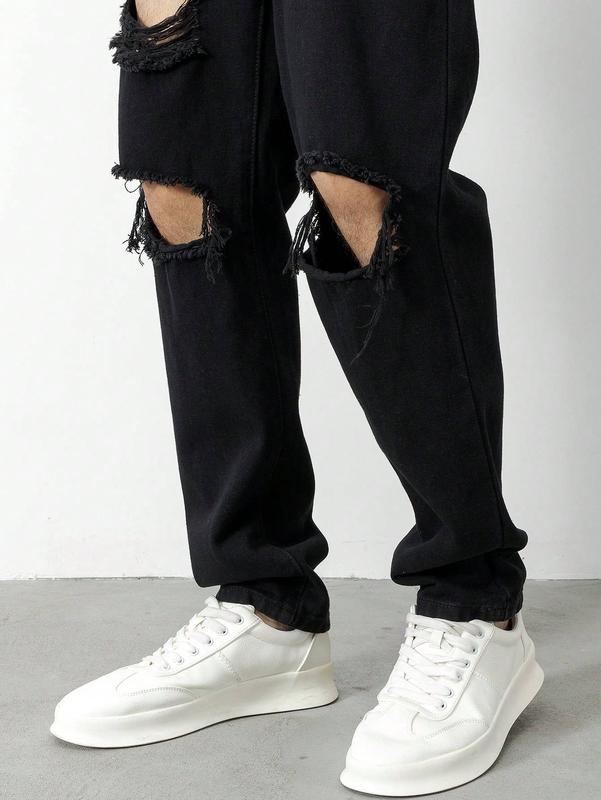 Cut Out Ripped Frayed Zipper Fly Long Straight Leg Denim Jeans