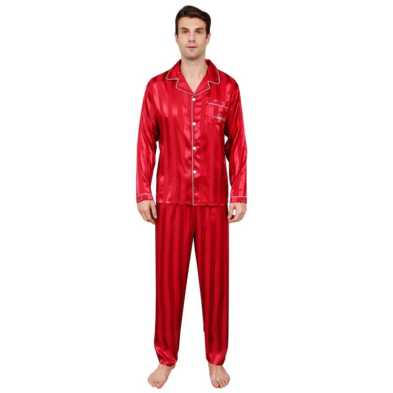 ShuiGod-Mens Silky Satin Pajamas Set Nightwear Stripe Long Sleepwear-Red Stripe