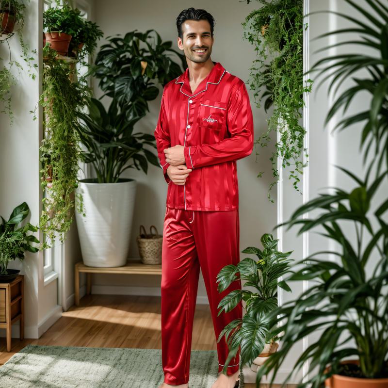 ShuiGod-Mens Silky Satin Pajamas Set Nightwear Stripe Long Sleepwear-Red Stripe