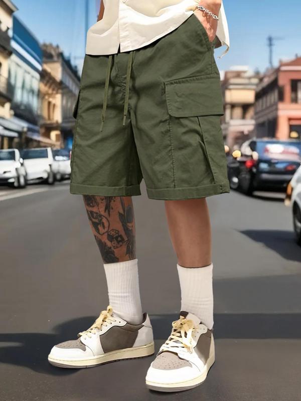 Men's Loose Solid Drawstring Waist Cargo Shorts, Casual Pocket Elastic Waist Shorts for Spring & Fall, Shorts for Men, Street Fashion Men's Bottoms for Daily Wear