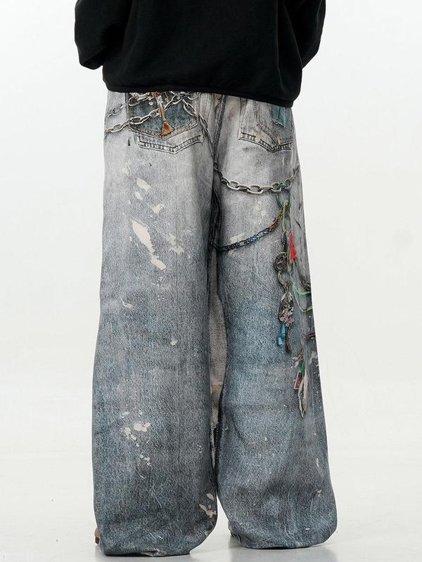 Unisex's Denim-Effect Print Pocket Wide Leg Pants, Street Fashion Casual Straight Leg Trousers for Daily Wear, Unisex Bottoms for All Seasons