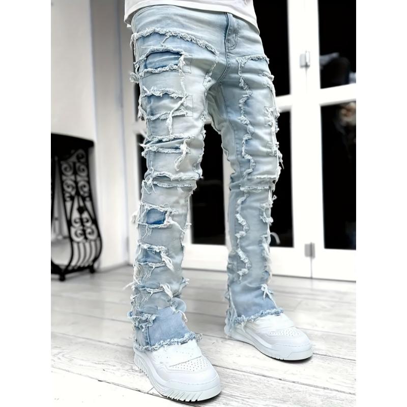 Y2k Hip Hop Style Raw Trim Jeans, Men's Casual Street Style Stretch Denim Pants