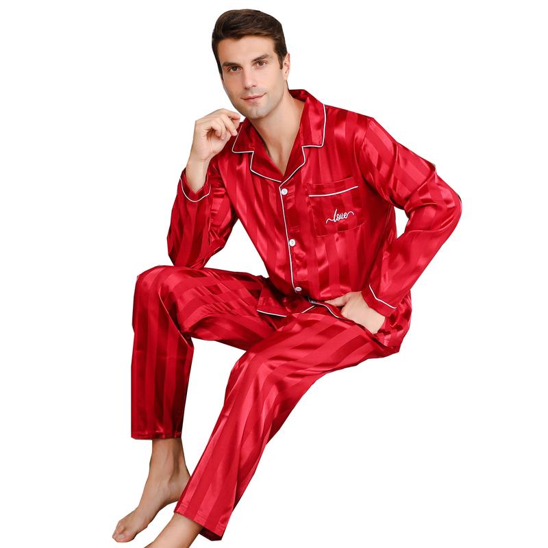 ShuiGod-Mens Silky Satin Pajamas Set Nightwear Stripe Long Sleepwear-Red Stripe