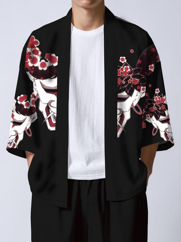 Men's Figure & Floral Print 3 4 Sleeve Kimono without Tee, Loose Casual Vintage Kimono Sleeve Open Front Top for Spring & Fall, Fashion Men's Clothes for Daily Wear