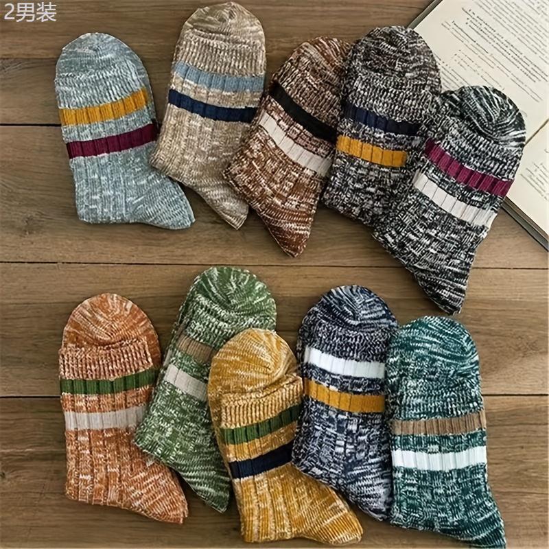 10 Pairs Of Men's Trendy Ethnic Vintage Stripe Crew Socks, Breathable Comfy Casual Unisex Socks For Men's Outdoor Wearing All Seasons Wearing Fabric Menswear Spandex Striped