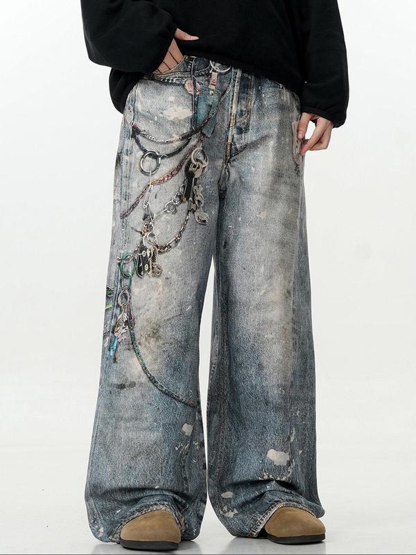 Unisex's Denim-Effect Print Pocket Wide Leg Pants, Street Fashion Casual Straight Leg Trousers for Daily Wear, Unisex Bottoms for All Seasons