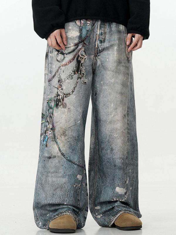 Unisex's Denim-Effect Print Pocket Wide Leg Pants, Street Fashion Casual Straight Leg Trousers for Daily Wear, Unisex Bottoms for All Seasons