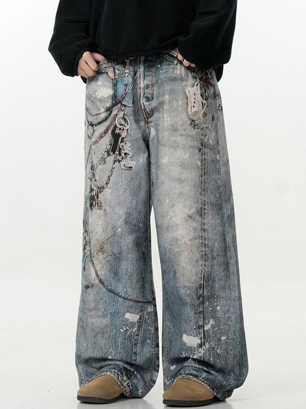 Unisex's Denim-Effect Print Pocket Wide Leg Pants, Street Fashion Casual Straight Leg Trousers for Daily Wear, Unisex Bottoms for All Seasons