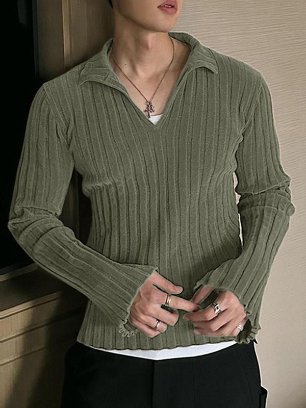 Men's Solid Collar Ribbed Knit Top, Regular Fit Casual Long Sleeve Pullover for Fall & Winter, Men's Knitwear for Daily Wear