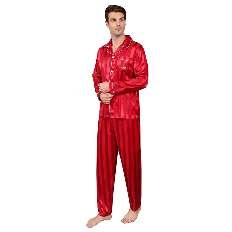 ShuiGod-Mens Silky Satin Pajamas Set Nightwear Stripe Long Sleepwear-Red Stripe