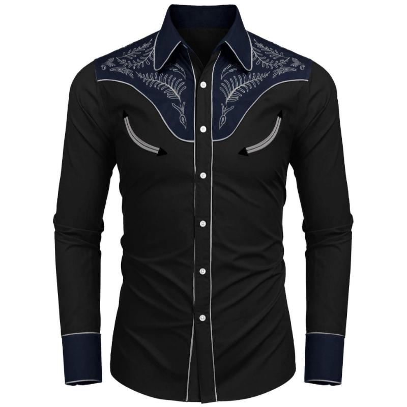 warm Men's Western Cowboy Shirt Embroidered Button Down Long Sleeve Shirts