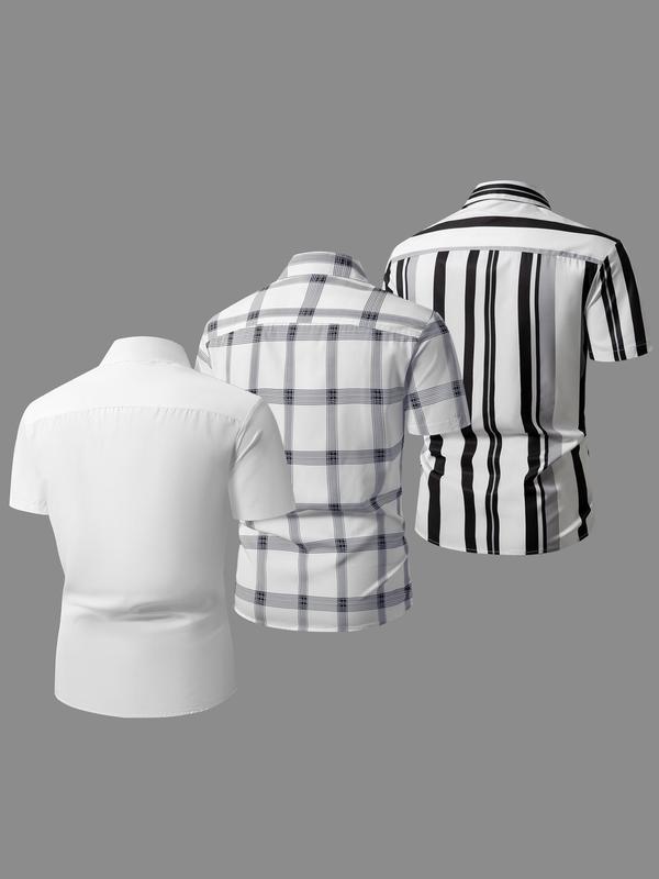 Men's Plaid & Striped Print Button Front Shirt, Regular Fit Casual Short Sleeve Collared Top for Summer, Men's Clothes for Daily Wear