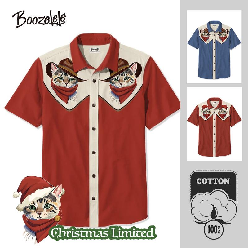 Unisex Vintage Western Cowcat Christmas Cute Cat Classic Cowboy Print Short Sleeve Shirt Collar Cotton