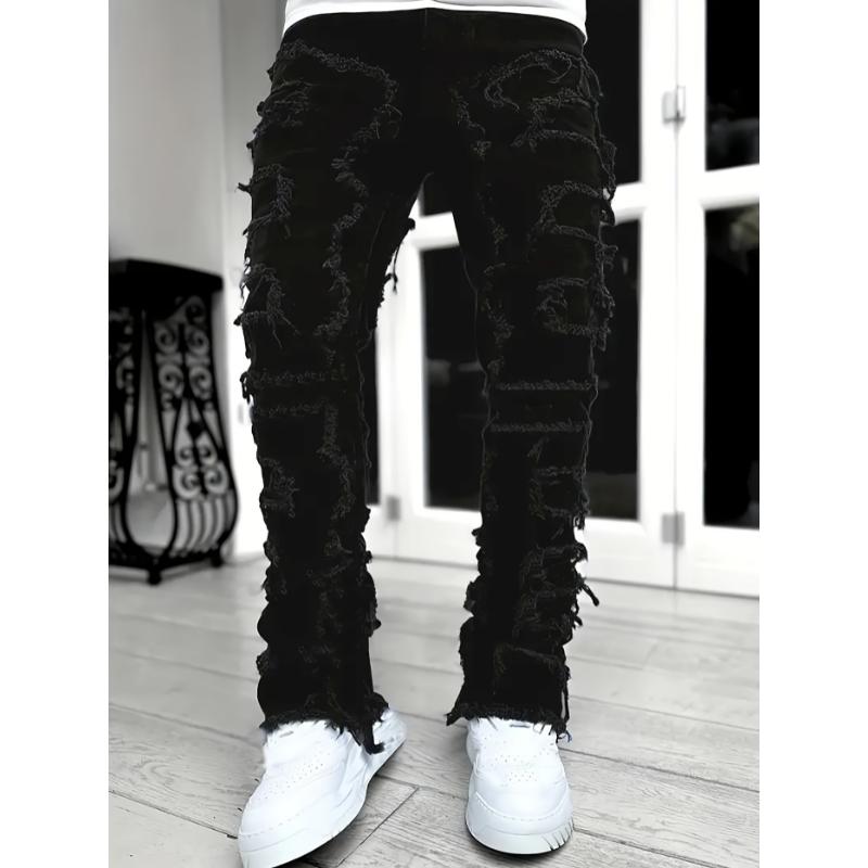 Y2k Hip Hop Style Raw Trim Jeans, Men's Casual Street Style Stretch Denim Pants