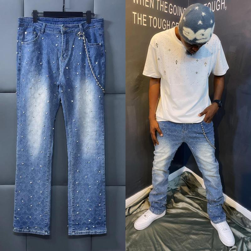 Men's stretch jeans ripped stack jeans spliced distressed jeans Y2k Harajuku Emo hip hop pants, pearl jeans