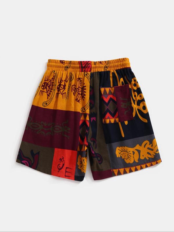 Men's Ethnic Pattern Patchwork Drawstring Waist Shorts, Regular Fit Casual Elastic Waist Pocket Shorts for Summer, Men's Bottoms for Daily Wear