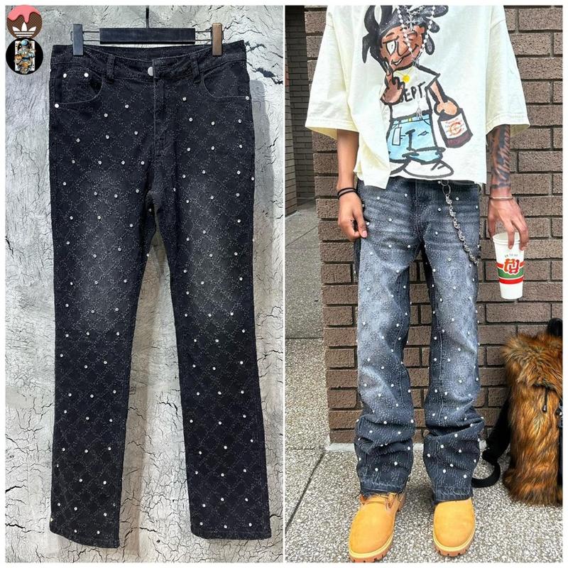 Men's stretch jeans ripped stack jeans spliced distressed jeans Y2k Harajuku Emo hip hop pants, pearl jeans