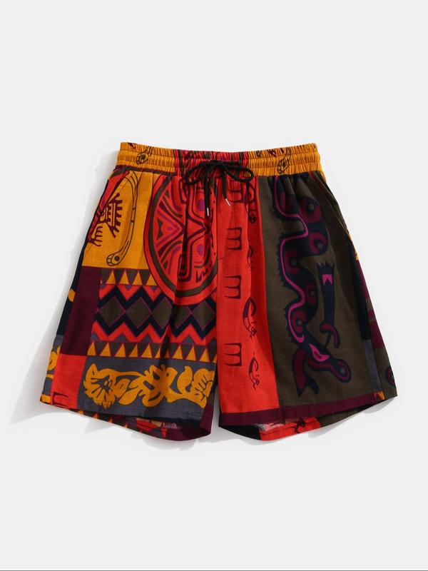 Men's Ethnic Pattern Patchwork Drawstring Waist Shorts, Regular Fit Casual Elastic Waist Pocket Shorts for Summer, Men's Bottoms for Daily Wear