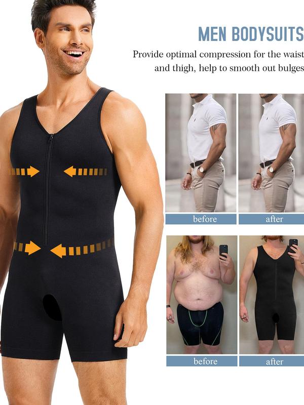 Men's Solid Zipper Shapewear Bodysuit, High Stretch Tummy Control Shapewear for Men, Compression Shirts Full Body Shapewear for Men