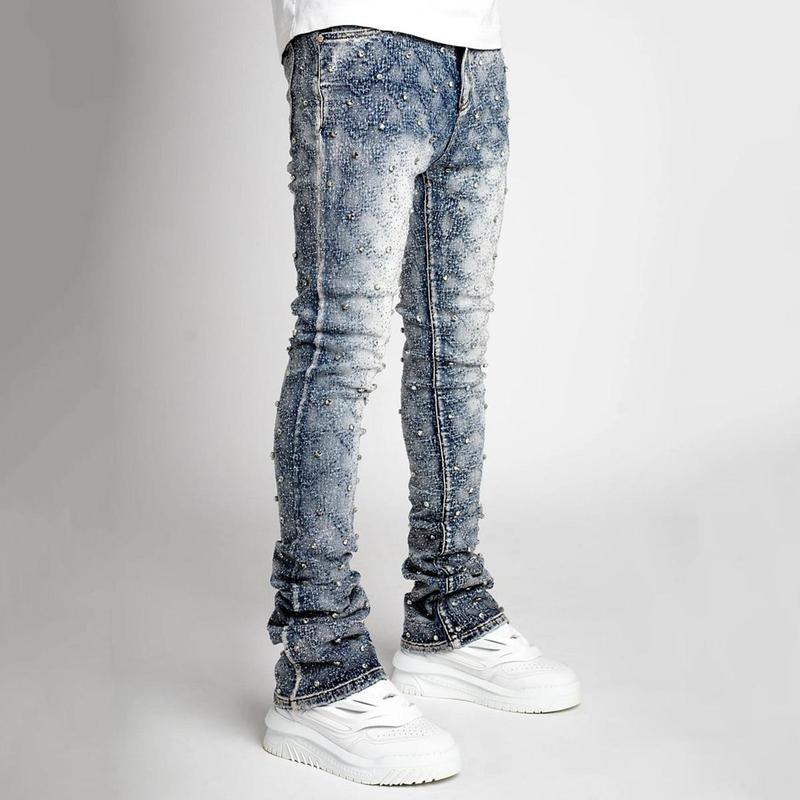 Men's stretch jeans ripped stack jeans spliced distressed jeans Y2k Harajuku Emo hip hop pants, pearl jeans