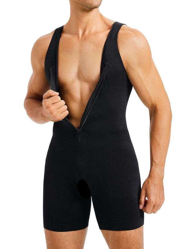 Men's Solid Zipper Shapewear Bodysuit, High Stretch Tummy Control Shapewear for Men, Compression Shirts Full Body Shapewear for Men