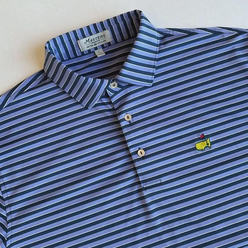 Peter Millar Masters Blue Striped Performance Golf Polo Shirt Mens All Print