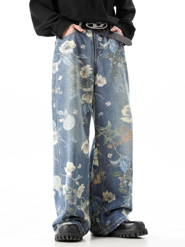 Men's Floral & Denim-effect Print Pocket Elastic Waist Wide Leg Pants, Loose Street Fashion Casual Zip Up Button Fly Trousers for Daily Wear, Mens Bottoms for All Seasons