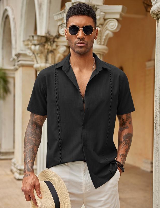 COOFANDY Men's Short sleeved Cuba Guayabera Casual Summer Front Button Casual Business Men's Shirt, Men's Top Underwear, Home Casual Men's Clothing, Front Button Short sleeved Shirt Menswear