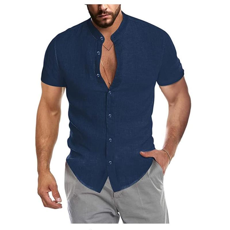 2024 Hot Summer V-neck Linen New Cardigan Stand Collar Men's Short-Sleeve Shirts 2024 Christmas