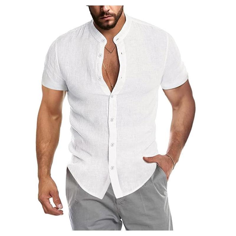 2024 Hot Summer V-neck Linen New Cardigan Stand Collar Men's Short-Sleeve Shirts 2024 Christmas