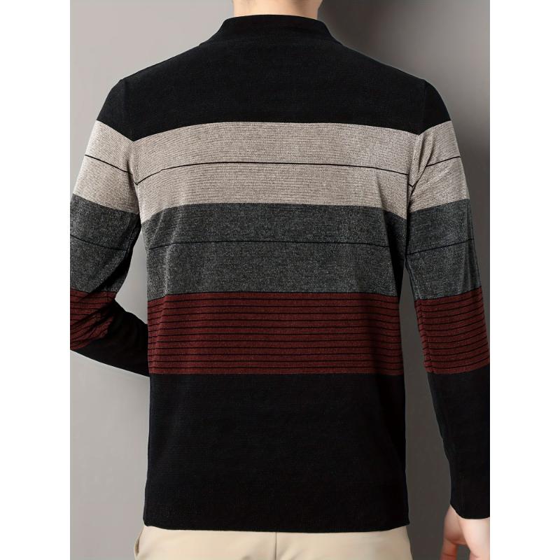 Men's Color Blocking Striped Warm Knit Sweater For Autumn And Winter - Versatile Trendy Long Sleeve Knitted Pullover As Gift Fabric Knitwear